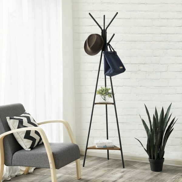 VASAGLE Cuier metalic, cu ​​2 rafturi MDF, inaltime 179cm, stil industrial, maro rustic si negru - Image 11