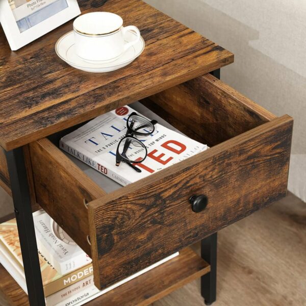 VASAGLE Noptiera din lemn cu cadru din otel, 1 sertar si 1 raft, 40x40x55, maro rustic si negru - Image 13