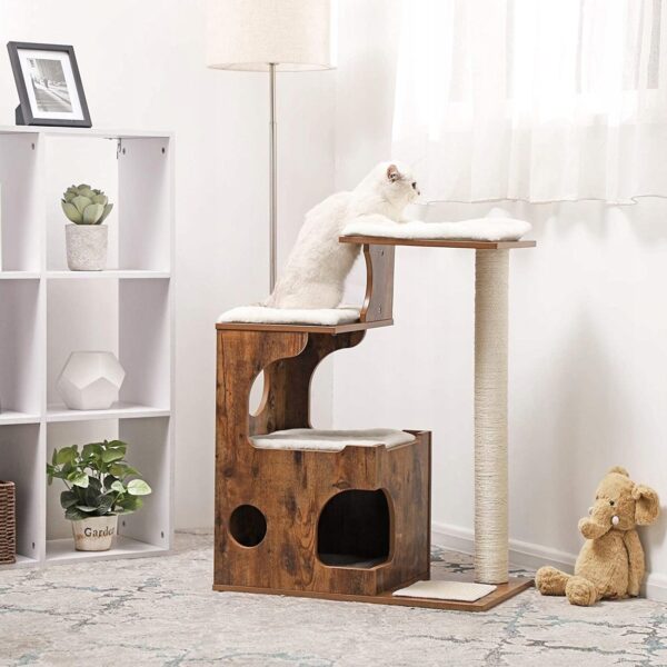 FEANDREA Ansamblu de joaca pentru pisici, tip mobilier, MDF, cu 3 culcusuri si ascunzatoare, 66x40x86cm, maro rustic - Image 13