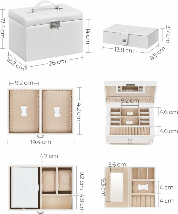 SONGMICS Cutie de bijuterii pe 3 nivele, 2 sertare, maner, inchidere cu cheie, 18x26x17cm, alb - Image 14