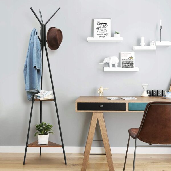 VASAGLE Cuier metalic, cu ​​2 rafturi MDF, inaltime 179cm, stil industrial, maro rustic si negru - Image 13