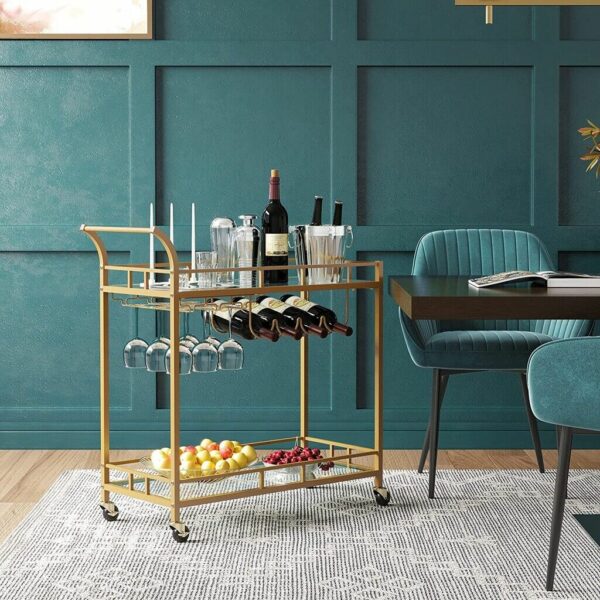 VASAGLE Carucior de servire pentru vin, suport sticle si pahare, cu 2 rafturi din sticla, 38x86x90cm, auriu - Image 15