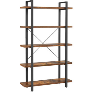 VASAGLE könyvespolc 5 polccal, acél kerettel és faforgácslap polcokkal, 105x34x178cm, rusztikus barna és fekete