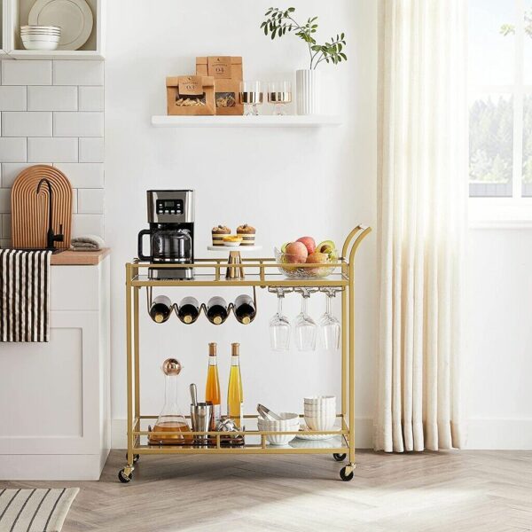 VASAGLE Carucior de servire pentru vin, suport sticle si pahare, cu 2 rafturi din sticla, 38x86x90cm, auriu - Image 16