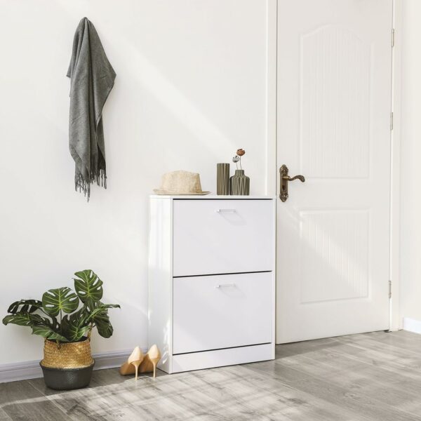 VASAGLE Dulap pantofi cu 2 usi rabatabile, din MDF, pentru 8-12 perechi, 60x24x84cm, alb - Image 2