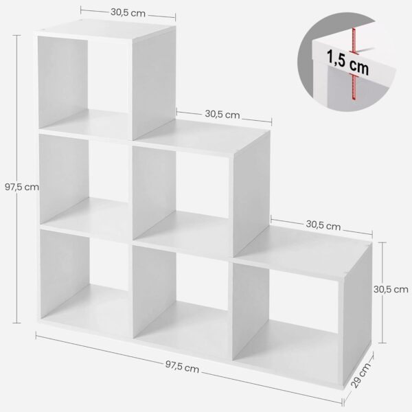 VASAGLE Könyvespolc, 6 polcos, dekorációs tárolóval, fa, 29x98x98cm, fehér - Image 2