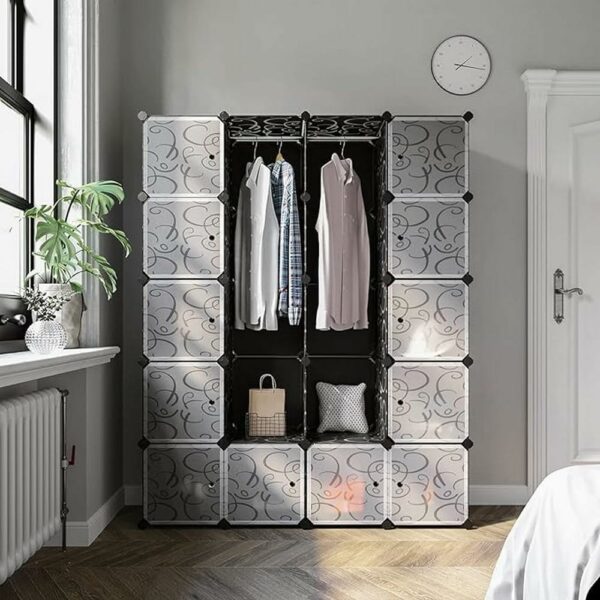 SONGMICS Moduláris tárolószekrény, 12 zárt rekesszel, 2 akasztósínnel, 178x143x36cm, fekete-fehér - Image 2