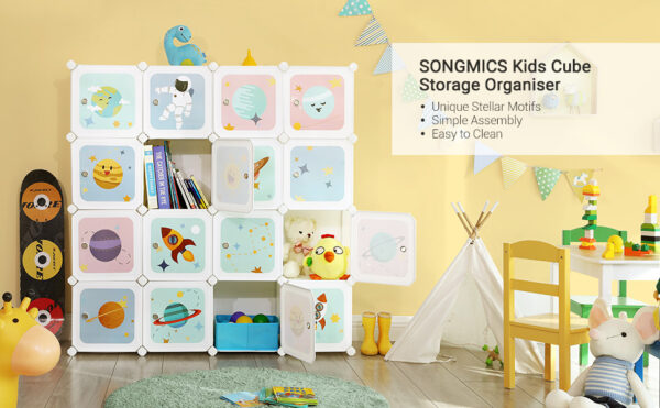 SONGMICS Dulap modular de depozitare jucarii, 16 cuburi cu usi, 123x31x123cm, alb - Image 3