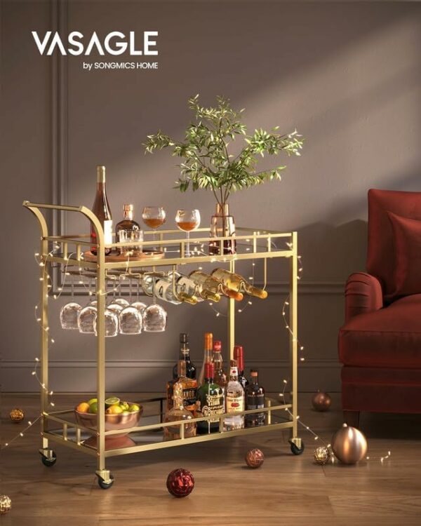 VASAGLE Carucior de servire pentru vin, suport sticle si pahare, cu 2 rafturi din sticla, 38x86x90cm, auriu - Image 3