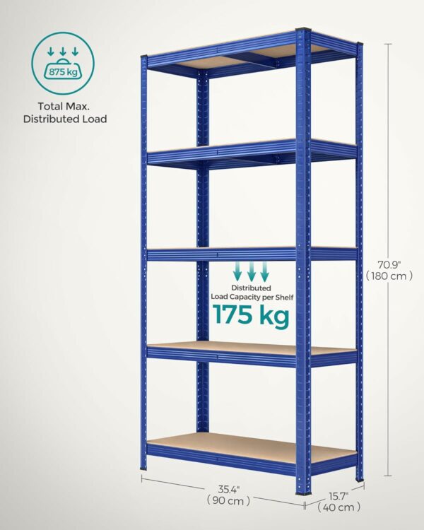 SONGMICS Fém tárolópolc, MDF polcokkal, 5 polc, max. 875 kg, 180x90x40cm, kék - Image 2