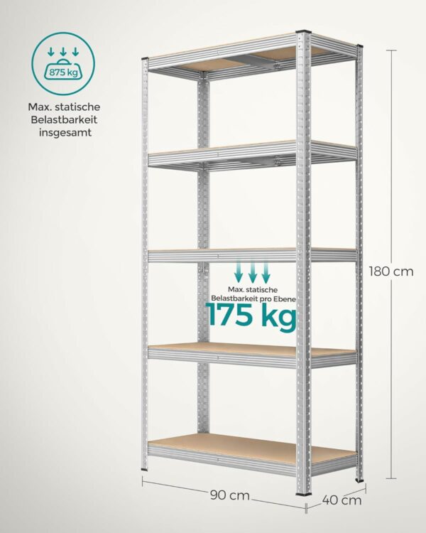 SONGMICS Fém tárolópolc, horganyzott felülettel, 5 polc, max. 875 kg, 180x90x40cm, ezüst - Image 2