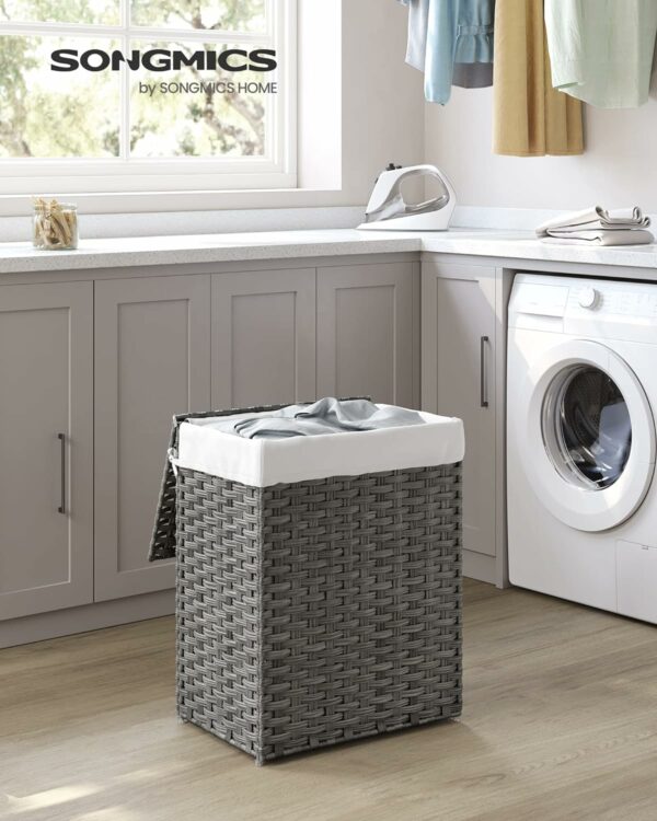 SONGMICS Cos de rufe din ratan sintetic cu capac, sac detasabil, volum 90L, 46x33x60cm, gri - Image 2