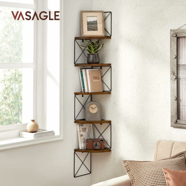 VASAGLE Fali sarokpolc, acél kerettel 5 MDF padlóval, 20x20x128cm, rusztikus barna és fekete - Image 2