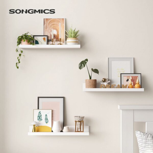 SONGMICS Set 3 rafturi de perete plutitoare din MDF, suport pentru rame foto, 38x10cm, alb - Image 2