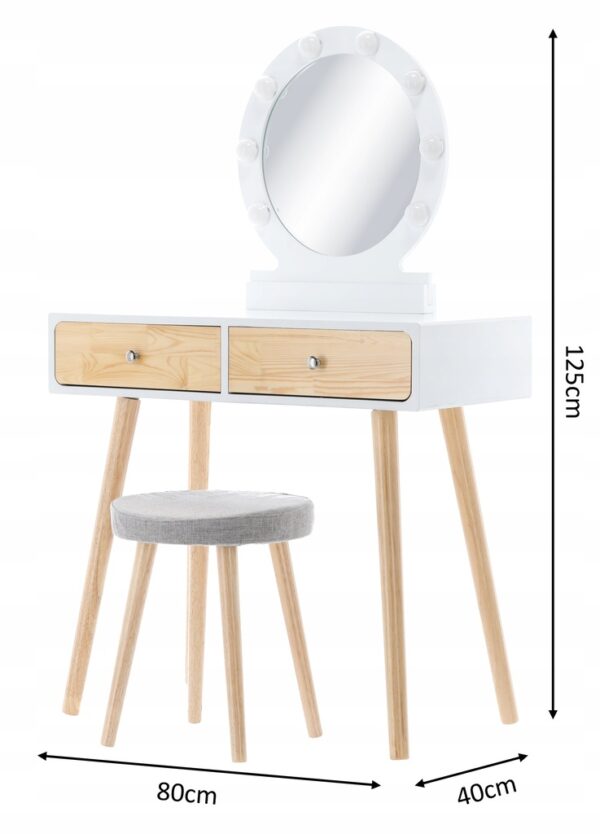 Set masa de toaleta si machiaj cu taburet, Scandinav, oglinda, iluminare LED, 75x45x130 cm, alba - Image 2
