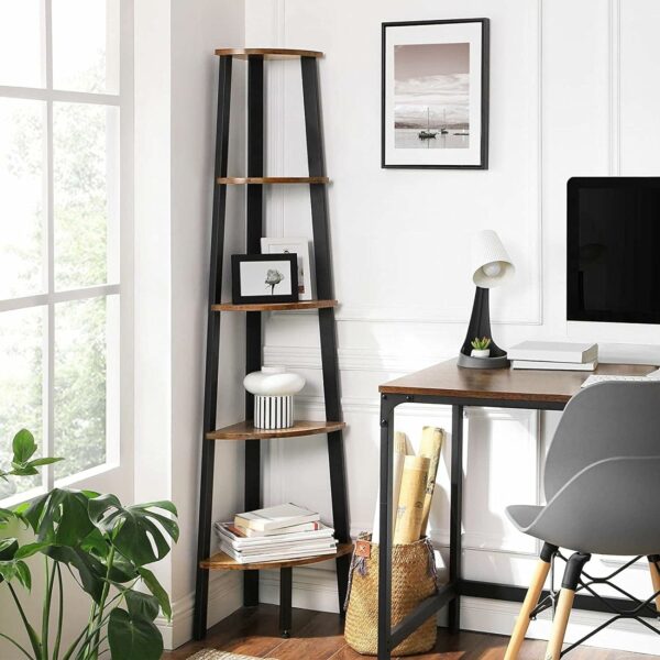 VASAGLE Raft de colt cu 5 etaje, tip biblioteca, cadru metal si polite lemn, 33x34x159cm, industrial, maro rustic si negru - Image 2