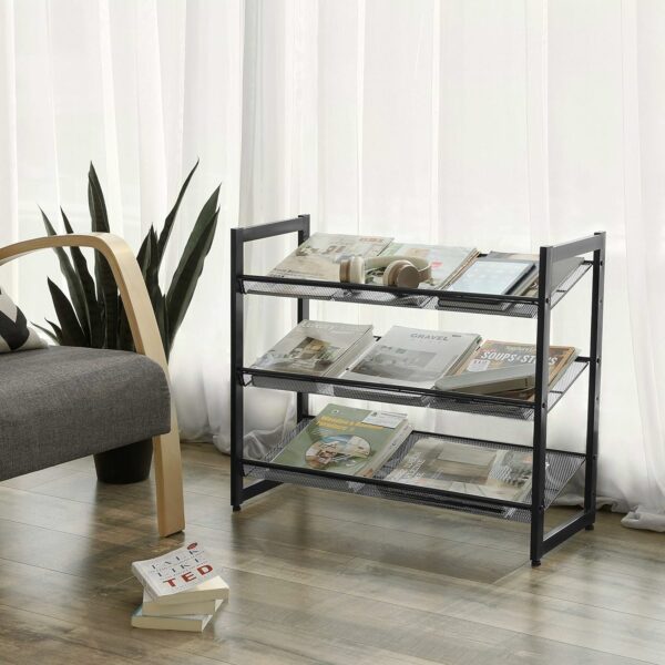 SONGMICS Raft de depozitare pantofi pe 3 niveluri, metal, rafturi plate sau unghiulare reglabile, 31x74x63cm, negru - Image 2