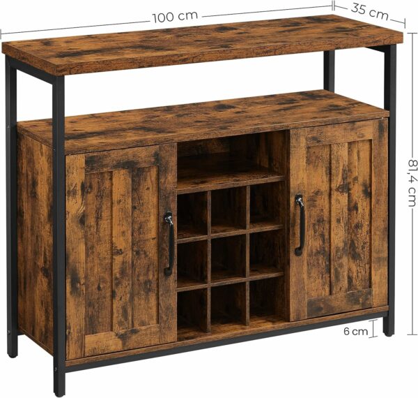 VASAGLE Comoda tip bufet, cu 2 usi si suport pentru sticle vin, stil industrial, 100x35x81cm, maro rustic si negru - Image 2