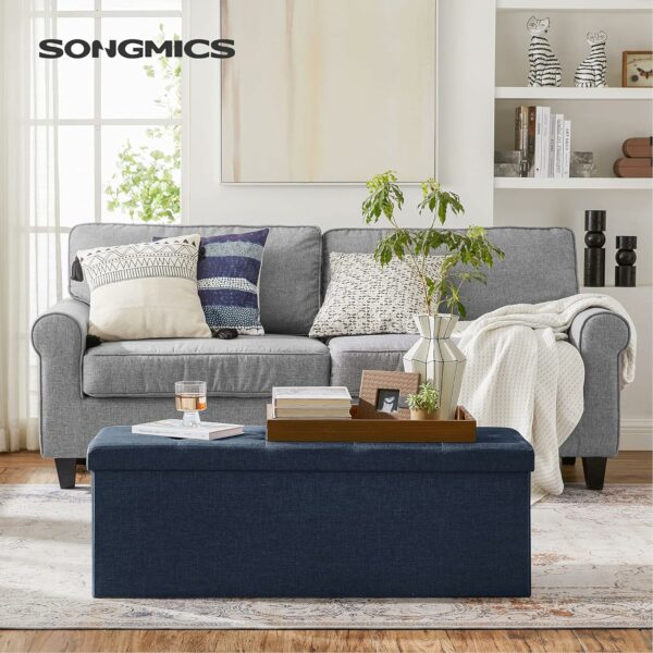 SONGMICS Taburet pliabil cu sezut moale, spatiu de depozitare 131litri, maxim 300kg, 110x38x38cm, albastru inchis - Image 2