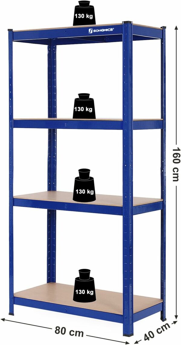 SONGMICS Moduláris fém keretes polc tároláshoz, 4 polc, 160x80x40cm, terhelés 520 kg, kék - Image 2