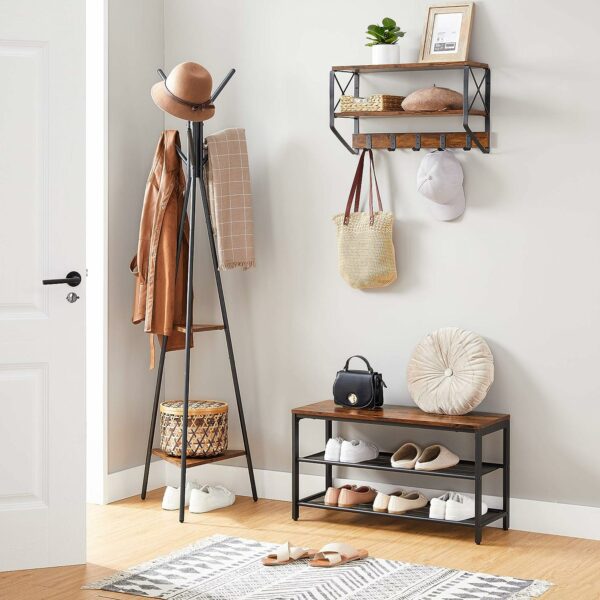 VASAGLE Cuier metalic, cu ​​2 rafturi MDF, inaltime 179cm, stil industrial, maro rustic si negru - Image 2