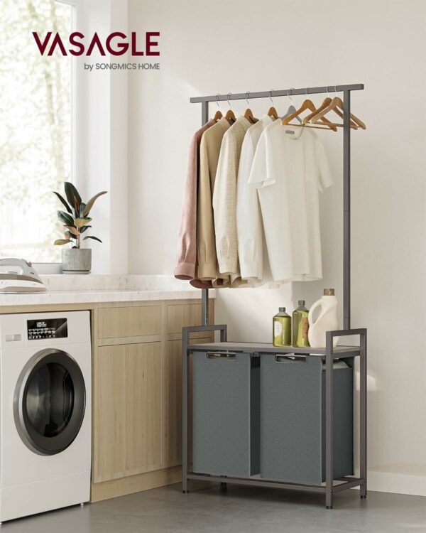 (DL) VASAGLE Cos de rufe, 2 compartimente, saci de rufe detasabili, 1 raft, tija umerase, 2x46L, 73x33x175cm, gri - Image 2