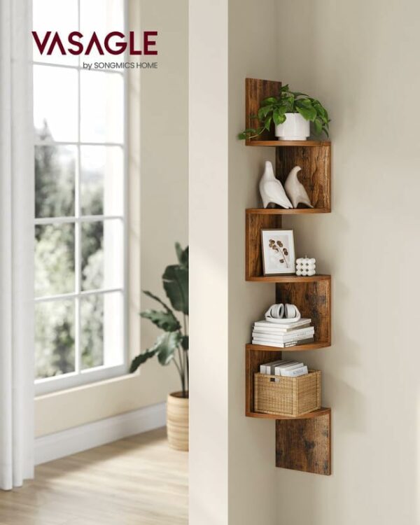 VASAGLE Raft de colt plutitor pe 5 niveluri, din lemn, 20x20x128cm, maro rustic - Image 2