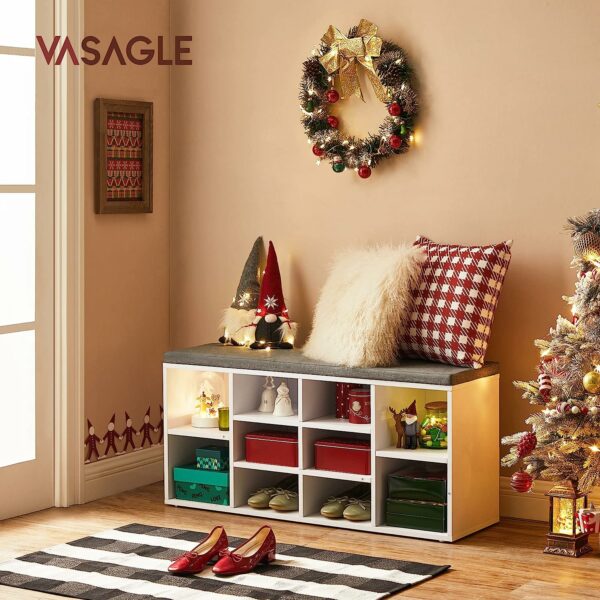 VASAGLE Előszoba pad cipőtartóval, 10 rekeszes, párnával, 104x48x30cm, fehér - Image 2