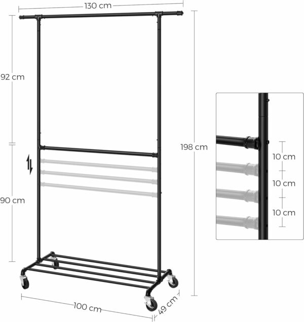 SONGMICS Suport pentru haine, cu raft si 2 sine de agatat, cadru metalic, cu roti, 130x49x198cm, industrial, negru - Image 3