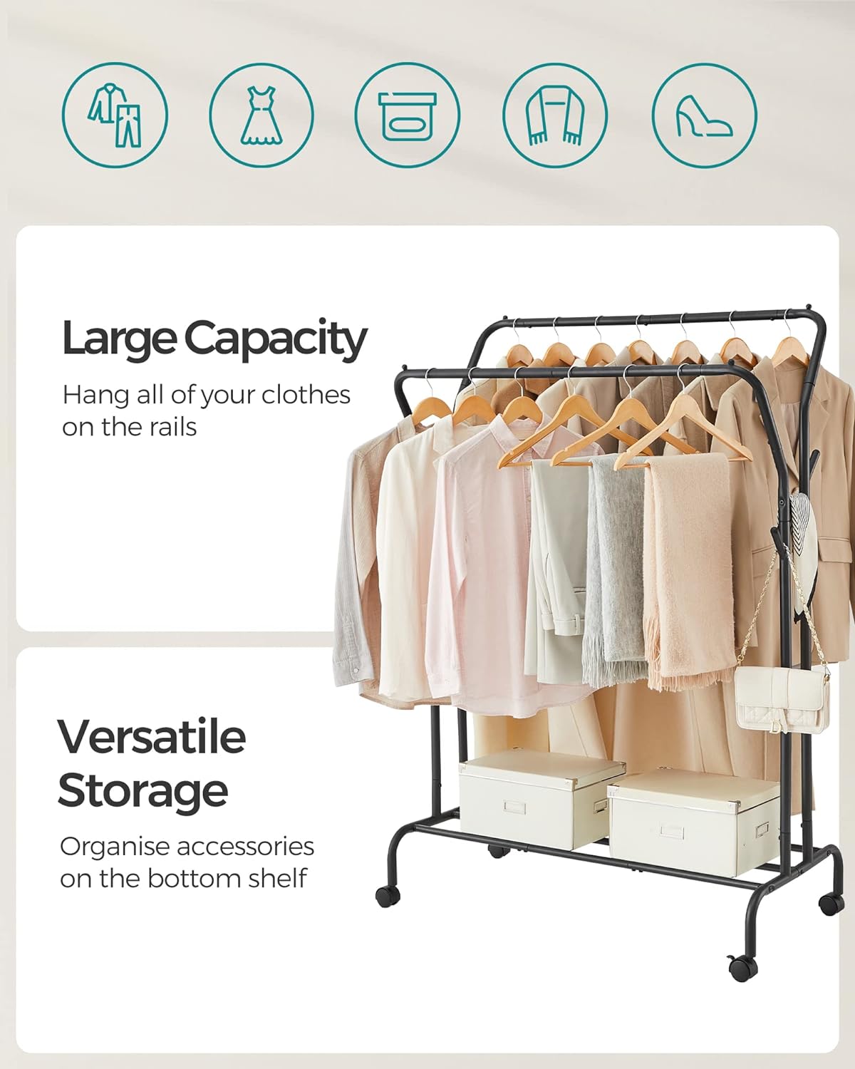 SONGMICS Ruhatartó állvány kerekeken, polccal, dupla rúddal, fém vázzal, teherbírás 100 kg, 53x104x155 cm, fekete - Image 3