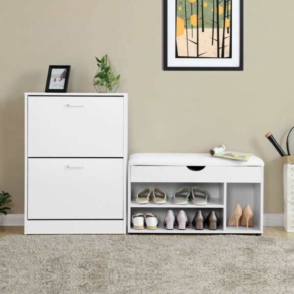 VASAGLE Dulap pantofi cu 2 usi rabatabile, din MDF, pentru 8-12 perechi, 60x24x84cm, alb - Image 3