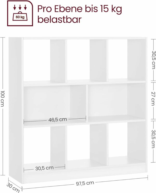 (DL) VASAGLE Biblioteca, raft cu 8 unitati de depozitare, pentru living, din lemn, 30x98x100cm, alb - Image 3