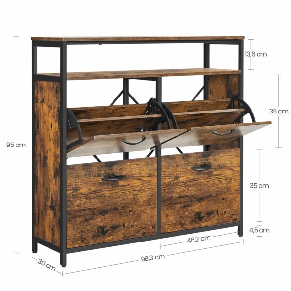 VASAGLE MDF lapból készült cipős szekrény 4 csuklós ajtóval, 12-20 párnak, 98x30x95cm, rusztikus barna és fekete - Image 3