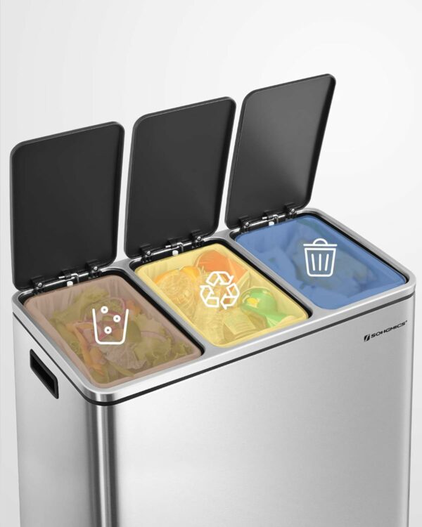 SONGMICS Cos de gunoi din inox cu 3 compartimente colectare selectiva, cu galeti interioare, 3x18litri, argintiu si negru - Image 3