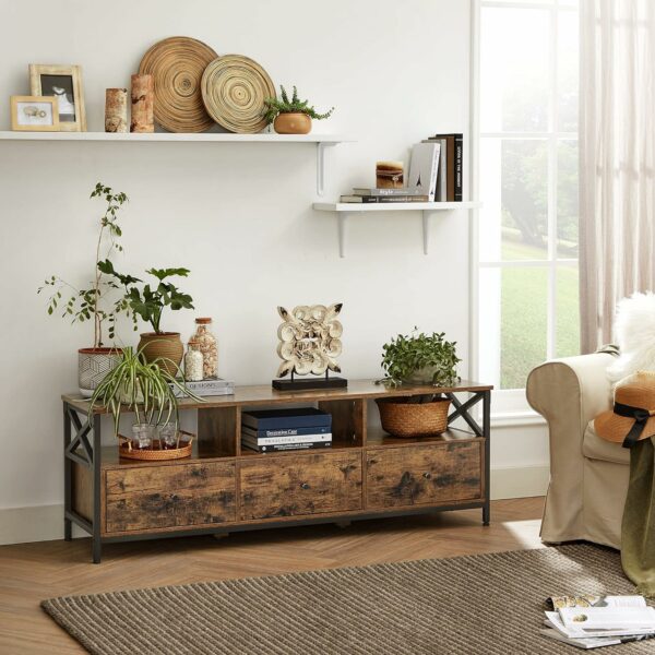 VASAGLE Comoda pentru TV de pana la 65 inch, cu 3 sertare si 3 rafturi deschise, 40x147x50cm, maro rustic si negru - Image 3