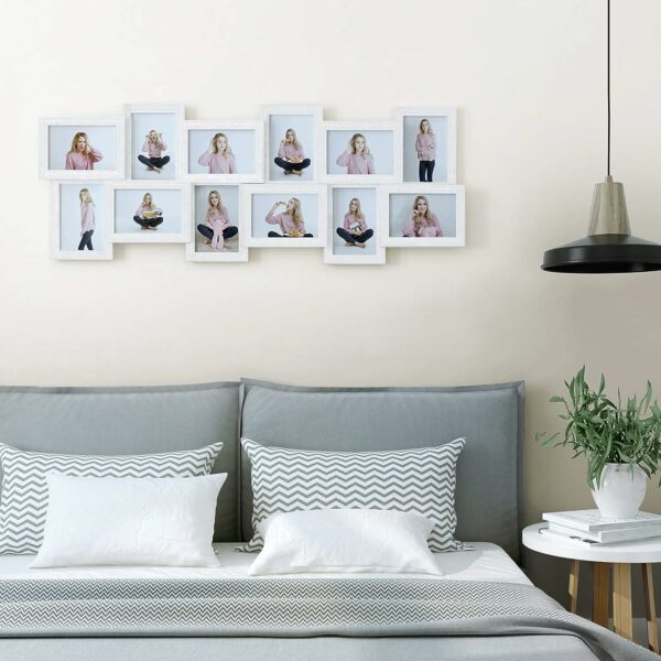 SONGMICS Rama foto de perete din MDF cu sticla, colaj de 12 fotografii, 89x33cm, alb gri - Image 3