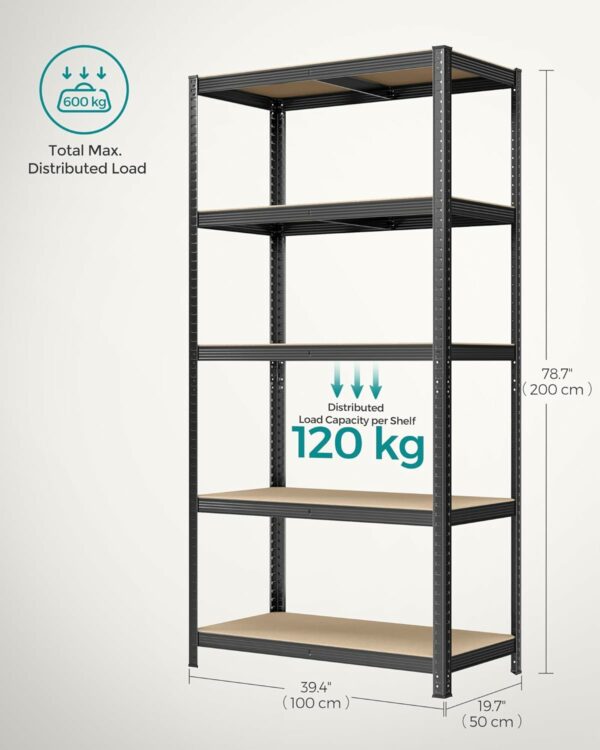 SONGMICS Fém tároló állvány, faforgácslap polcokkal, 5 polc, max. 600 kg, 200x100x50cm, fekete - Image 3