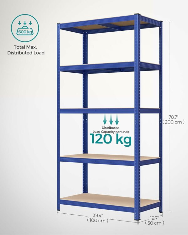 SONGMICS Fém tároló állvány, faforgácslap polcokkal, 5 polc, max. 600 kg, 200x100x50cm, kék - Image 3