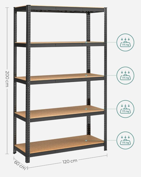 SONGMICS Fém tároló állvány, faforgácslap polcokkal, 5 polc, max. 875 kg, 200x120x60cm, fekete - Image 3