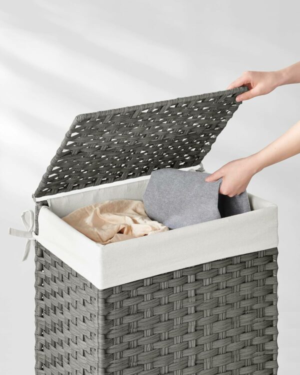 SONGMICS Cos de rufe din ratan sintetic cu capac, sac detasabil, volum 90L, 46x33x60cm, gri - Image 3