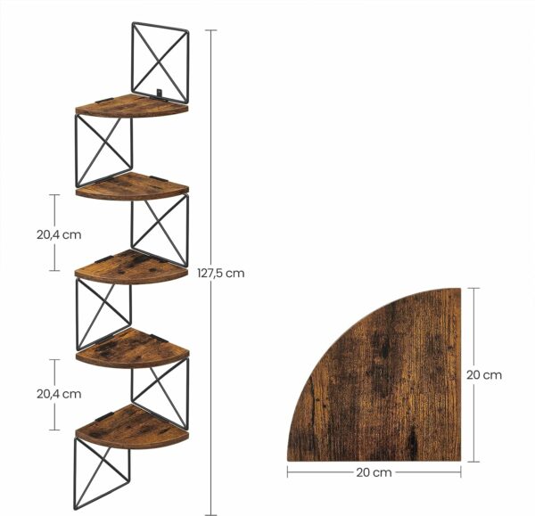 VASAGLE Fali sarokpolc, acél kerettel 5 MDF padlóval, 20x20x128cm, rusztikus barna és fekete - Image 3
