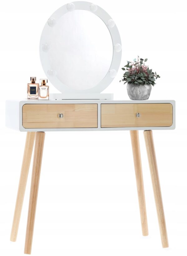 Set masa de toaleta si machiaj cu taburet, Scandinav, oglinda, iluminare LED, 75x45x130 cm, alba - Image 3