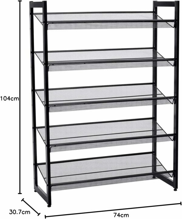 SONGMICS Raft de depozitare pantofi pe 5 niveluri, metal, rafturi plate sau unghiulare reglabile, 31x74x104cm, negru - Image 3
