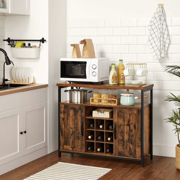 VASAGLE Comoda tip bufet, cu 2 usi si suport pentru sticle vin, stil industrial, 100x35x81cm, maro rustic si negru - Image 3