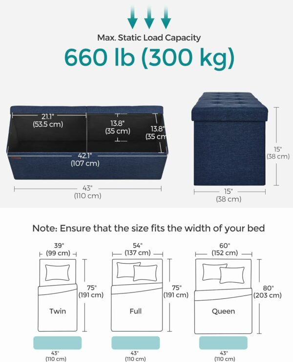 SONGMICS Taburet pliabil cu sezut moale, spatiu de depozitare 131litri, maxim 300kg, 110x38x38cm, albastru inchis - Image 3