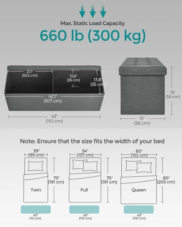 SONGMICS Taburet pliabil cu sezut moale, spatiu de depozitare 131litri, maxim 300kg, 110x38x38cm, gri inchis - Image 3