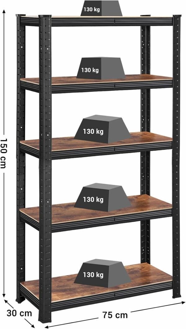 SONGMICS Moduláris fém keretes polc tároláshoz, 5 polc, 150x75x30cm, terhelés 650 kg, rusztikus barna - Image 3