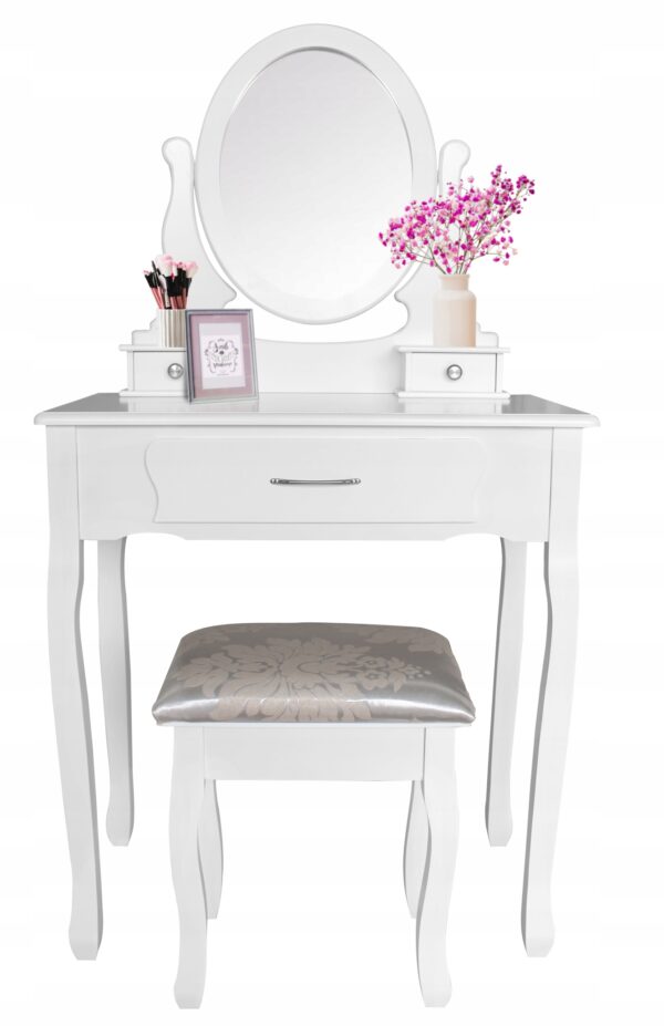 Set Masa de toaleta si machiaj cu taburet Sophia, alba, cu 3 sertare si oglinda, 71x40x135 cm - Image 2