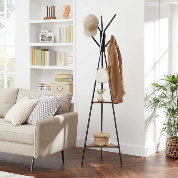 VASAGLE Cuier metalic, cu ​​2 rafturi MDF, inaltime 179cm, stil industrial, maro rustic si negru - Image 3