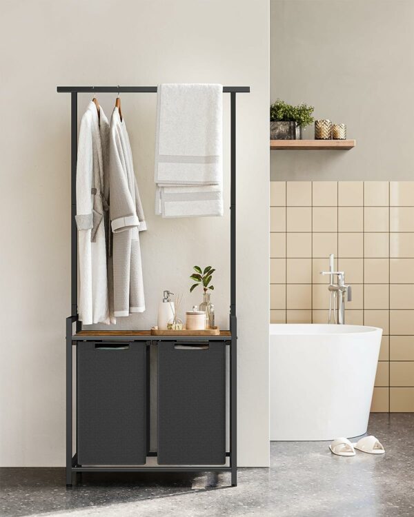VASAGLE szennyeskosár, 2 rekeszes, kivehető szennyeszacskók, 1 polc, akasztórúd, 2x46L, 73x33x175cm, rusztikus barna - Image 3